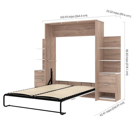 Bestar Cielo 105W Queen Murphy Bed with Floating Shelves and Drawers (104W), Rustic Brown & White 80881-000009